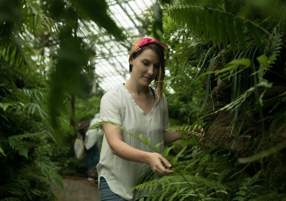 Como as plantas influenciam o humor das pessoas? selective focus photography of woman standing beside Boston fern plant