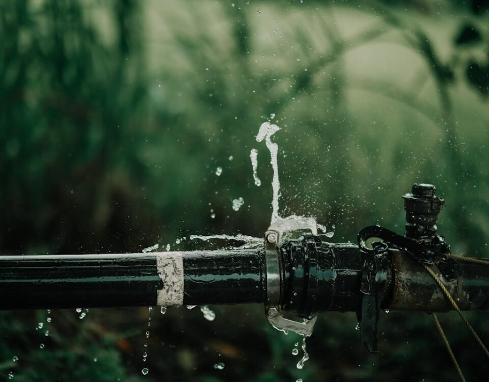 O que fazer quando há um vazamento oculto em casa? A detailed view of a leaking water pipe in a lush green garden setting.