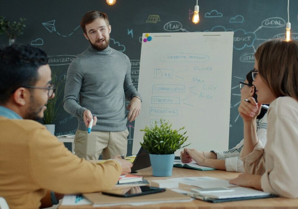 Equipe de marketing reunida em escritório apresentando um plano em quadro branco